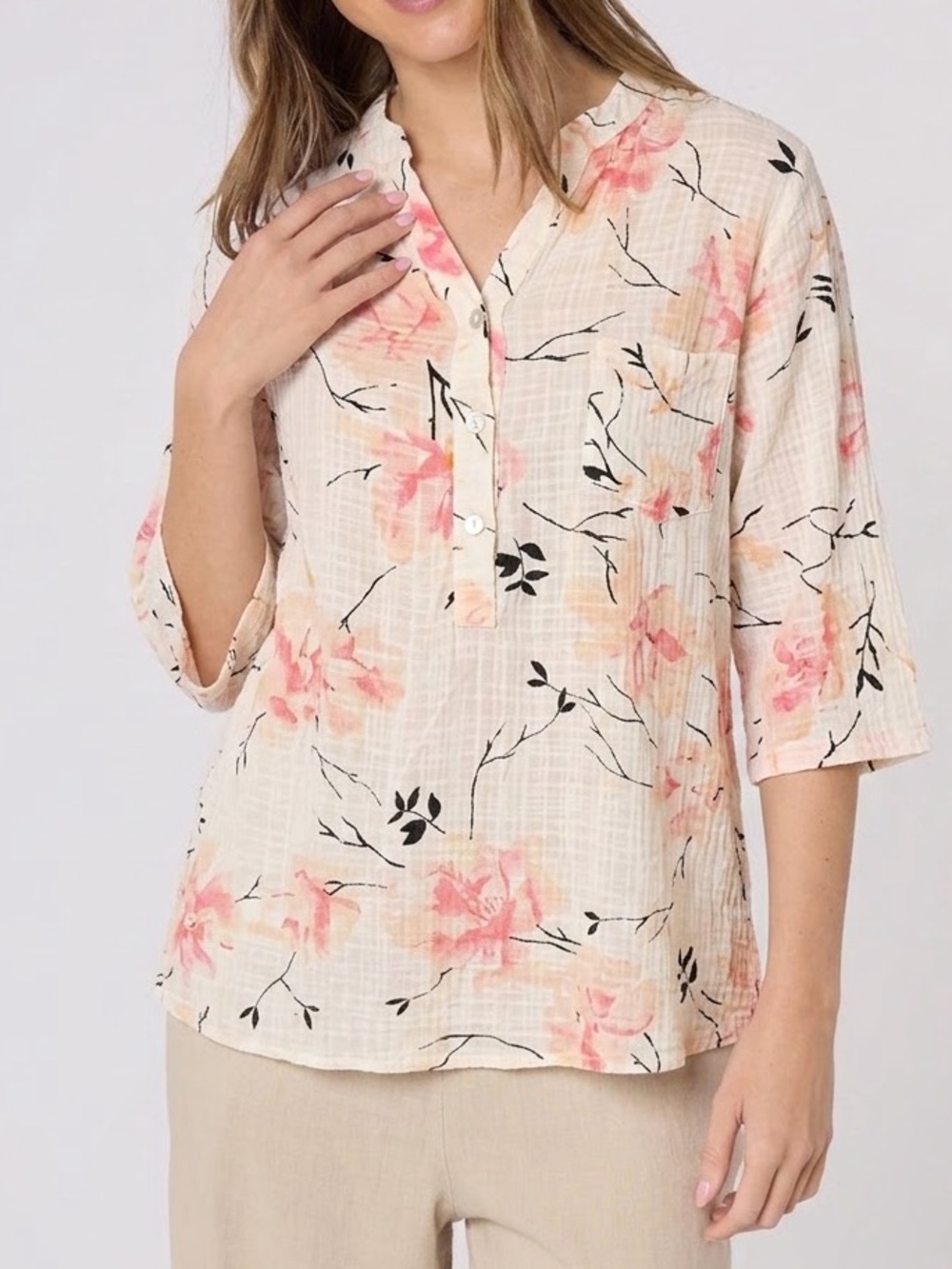 Luca Vanucci Floral Tunic Top Size M Cotton Blend Lagenlook Boho Cream Pink